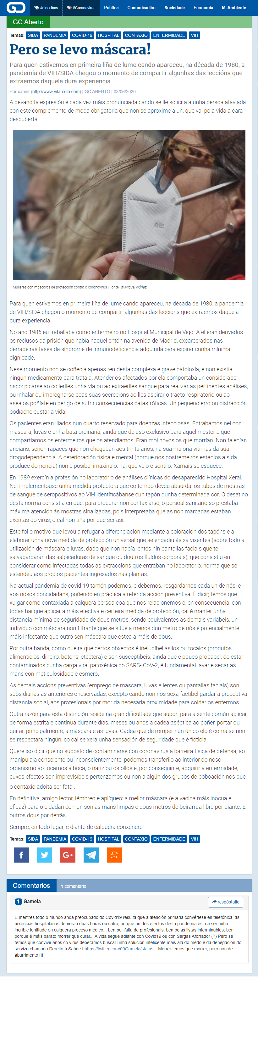 Artigo de Xabier Vila-Coia titulado "Pero si levo máscara!", publicado no xornal dixital en galego Galicia Confidencial o 3 de xuño do 2020.