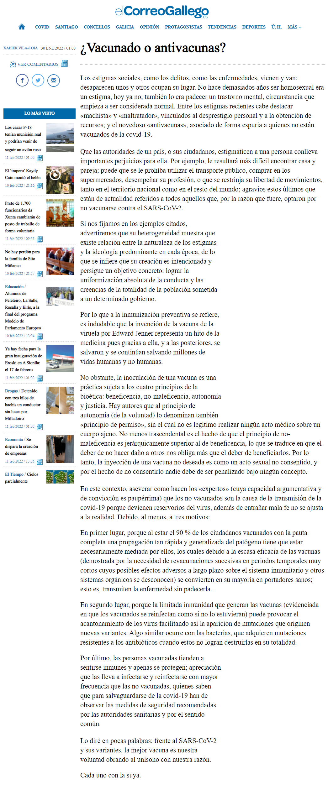 Artigo de Xabier Vila-Coia titulado "¿Vacunado o antivacunas?", publicado en "El Correo Gallego" e outros xornais o 30 de xaneiro do 2022.